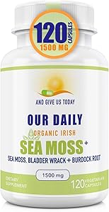 Our Daily Vites Organic Sea Moss Plus 1500 MG 120 Ct Wildcrafted Irish Sea Moss Bladderwrack and Burdock Root Capsules Wildcrafted Vegan and Seamoss Superfood Supplement