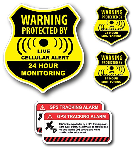 (5 Pack) Combination Pack of 24 Hour Monitoring - This Vehicle Protected by GPS Tracking Warning Signs - Decal Self Adhesive Sticker Vinyl Decal — UV resistent & Waterproof inks