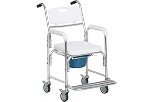 HOMCOM 3-in-1 Shower Commode Wheelchair, Transport Beside Commode Chair, Waterproof Rolling Over Toilet Chair 330 lbs. Weight Capacity with Padded Seat, White