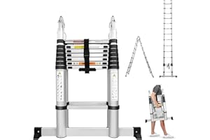 BOWOSHEN 16.5Ft Aluminum Telescoping A-Frame Ladder EN131 Certificated Telescopic Extension Tall Multi Purpose 16 Steps for Family Home Christmas Gift Presents