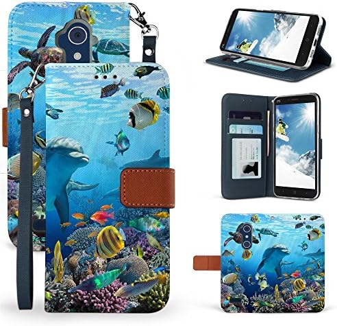 ZTE Blade Max 3 Case, PimpCase [Wrist Strap] 2 Tones PU leather wallet case with Magnetic Strap for ZTE Blade Max 3 (Dolphins Reef Sea World)