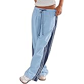 LOMON Pants for Women Wide Leg Side Striped Pants Drawstring Baggy Palazzo Work Trousers with Pockets