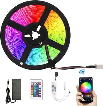 owsoo 5m tiras led rgb tiras de luces led con 300 leds 5050 12v soporta control remoto de app ir mandos a distancia impermeable compatible con
