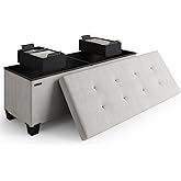 Storage Ottoman Bench with Bins, 43-in Storage Bench for Bedroom End of Bed, Folding Foot Rest Ottoman for Living Room Max 660lbs, Fabric Ottomans, Light Grey