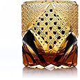 Edo Kiriko Hand-Carved Gold Accent Sake Glass Cup - Japanese Traditional Artisan Crafted Crystal Whiskey Glass, Luxury Amber Crystal Design Barware, Unique Gift for Collectors & Sake Enthusiasts