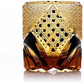 Edo Kiriko Hand-Carved Gold Accent Sake Glass Cup - Japanese Traditional Artisan Crafted Crystal Whiskey Glass, Luxury Amber Crystal Design Barware, Unique Gift for Collectors & Sake Enthusiasts