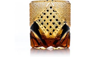 Edo Kiriko Hand-Carved Gold Accent Sake Glass Cup - Japanese Traditional Artisan Crafted Crystal Whiskey Glass, Luxury Amber 