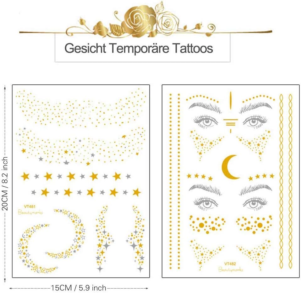9 Bögen Gold-Flash Tattoos Für Erwachsene - Wasserfeste Metallic-Tattoos Für Festival & Party