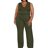 Women's Plus Size Pant Suits 2 Piece Outfits Button Vest Blazer Pockets Wide Leg Pants Sets Casual Pantsuits