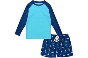 SunFocus Boys Long Sleeve Rash Guard Swimsuit Kids 2-Pieces Bathing Suits Set