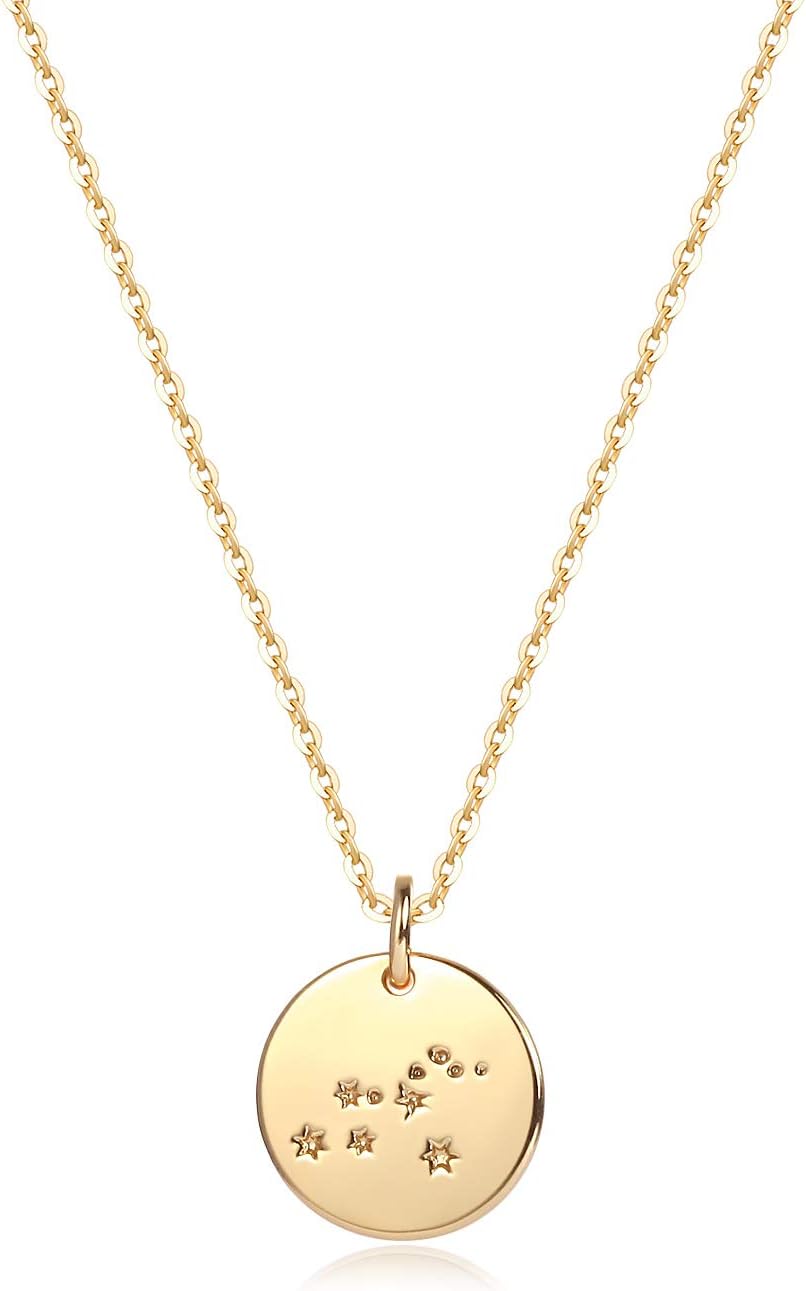 MeveccoGold Necklace Coin Disc Zodiac 12 Constellation Star Connected Engraved Horoscope Sign Astrology Pendant 18K Gold Plated Chain Dainty Personalized Simple Jewelry