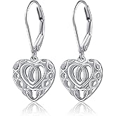 Valentines Day Gifts S925 Sterling Silver Heart Dangle Drop Leverback Clasp Lever back Earrings for Women Jewelry