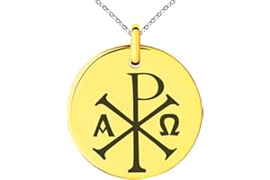 Tioneer Stainless Steel Chi Rho Alpha Omega Symbol Small Medallion Circle Charm Pendant Necklace