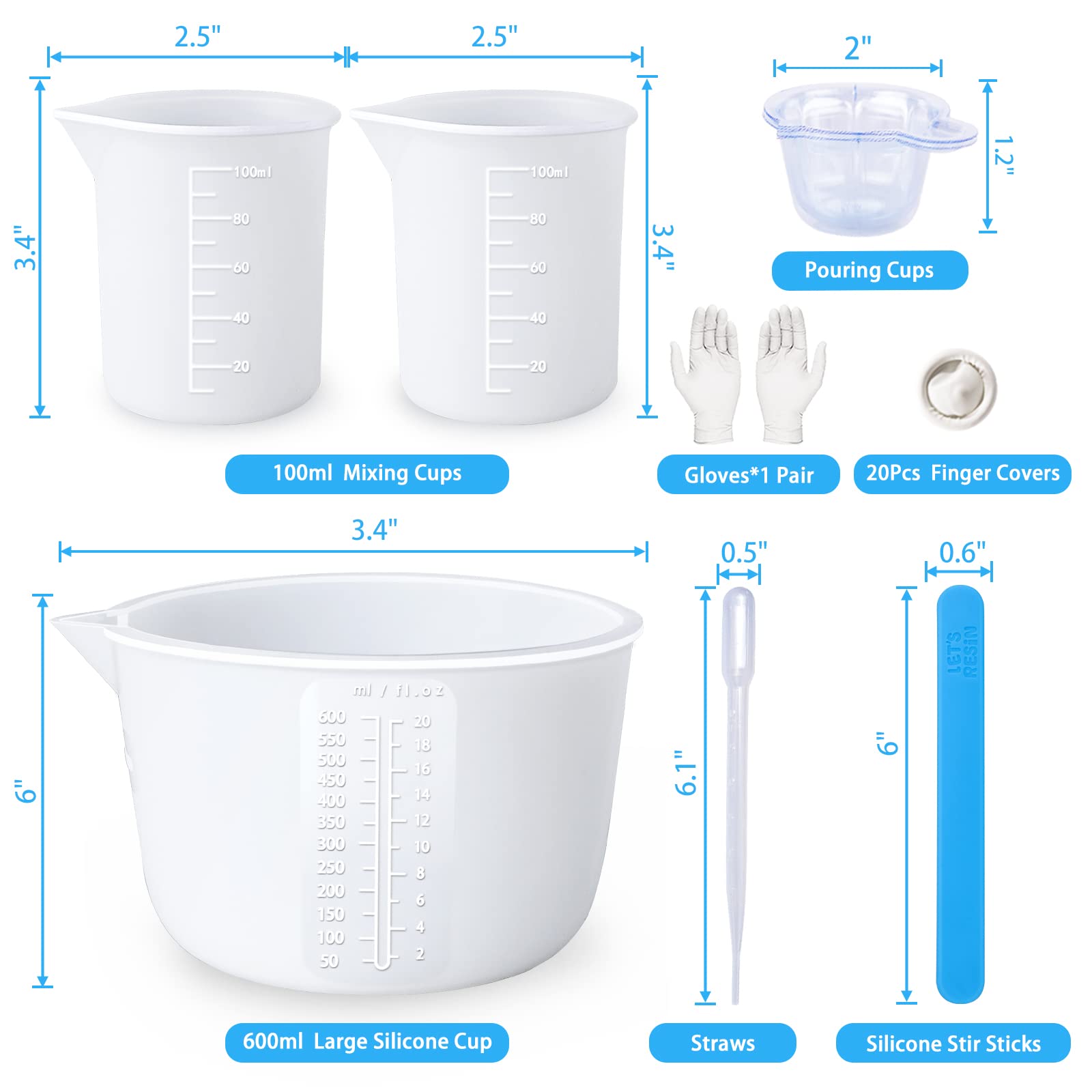 LET'S RESIN Silicone Measuring Cups for Resin Supplies, 600ml/20oz&100ml Thickening&Non-Stick Resin Mixing Cup kits, Silicone Cups for resin mold，Easy to Clean