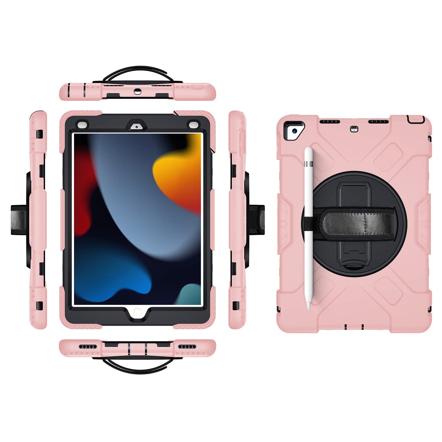 iPad 9.7 2017 2018/Pro9.7/Air2 Generation Case with Screen Protector, Pencil Holder, Kickstand, 360 Rotating Hand Strap, Kickstand, Robust Protective Case (Rose Gold)