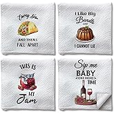 WADORN 4Pcs Funny Food Dish Kitchen Towels, Cute Joke Sayings Decorative Hand Dish Towels 24 x 16 Inch Microfiber Absorbent Soft Hand Tea Dishcloths for Bathroom Dining Holiday Housewarming Gifts