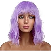 LANCAINI Short Bob Wigs with Bangs for Women Loose Wavy Wig Curly Wavy Shoulder Length Bob Synthetic Cosplay Wig for Girl Colorful Costume Wigs (Purple)