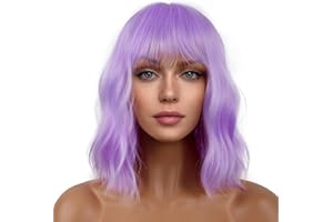 LANCAINI Short Bob Wigs with Bangs for Women Loose Wavy Wig Curly Wavy Shoulder Length Bob Synthetic Cosplay Wig for Girl Col