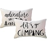 Adventure Camper Decorative Lumbar Pillowcase Double-sided Let’s Go Camping/Adventure Awaits Throw Pillow Covers Cabin/Camper Cushion Covers 12x20,2Pack for Sofa/Couch/Porch (Beige)