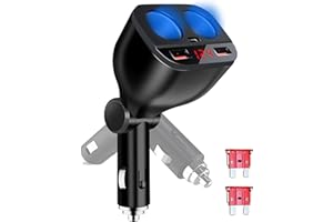 Car Cigarette Lighter Adapter 5 in 1, 120W 2 Socket Cigarette Lighter Splitter with LED Voltmeter, 18W QC & 30W USB C Fast Ch