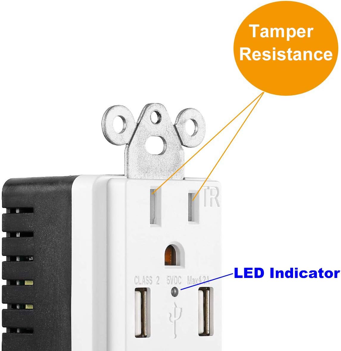 [2 Pack] USB Outlet, USB Charger Wall Outlet Dual High Speed 4.2 Amp USB Ports with Smart Chip, 15A/125V Tamper Resistant Electrical Outlet Receptacle, Screwless Wall Plate, ETL Listed, White - - 