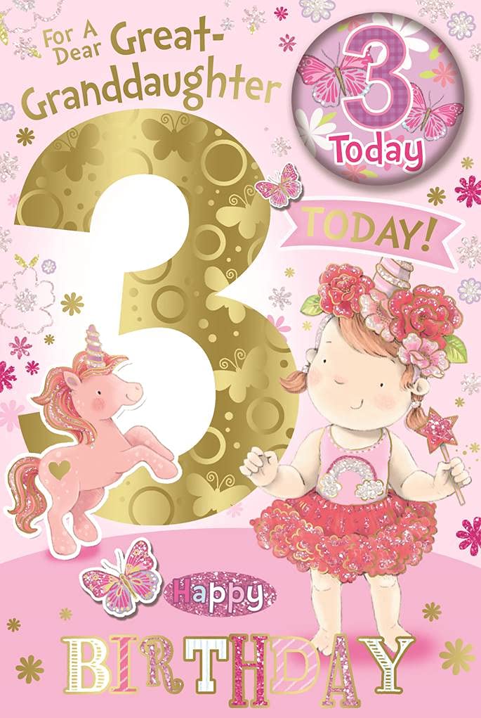 Great Granddaughter 3rd Birthday Card & Badge - 3 Today Girl & Unicorn 9" x 6"