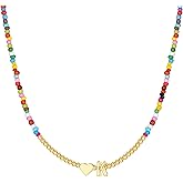 M MOOHAM Valentines Gifts for Kids - Heart Initial Necklaces Girls Women Colorful Beaded Tiny Heart Initial Necklace Choker Letter Necklace Jewelry for Teen Girls Trendy Birthday Valentines Gifts