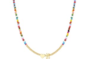 M MOOHAM Stocking Stuffers for Teen Girls - Heart Initial Necklaces for Women Kids Colorful Beaded Tiny Heart Initial Choker Necklace Jewelry for Teen Girls Christmas Birthday Gifts