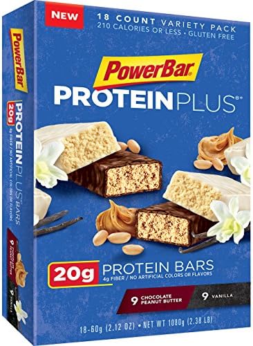 PowerBar Protein Plus Bar, Chocolate Peanut Butter & Vanilla Variety Pack, 2.12 oz Bar, (18 Count)
