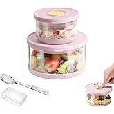 SAYAPE Glass Food Storage Containers with Airtight Lids, 33.8oz & 11.8oz High-Borosilicate Glass Meal Prep Containers with Spork, Bento Lunch Boxes for Salad, Ramen, Soup, Snacks, Fruit - 2 Pack, Pink