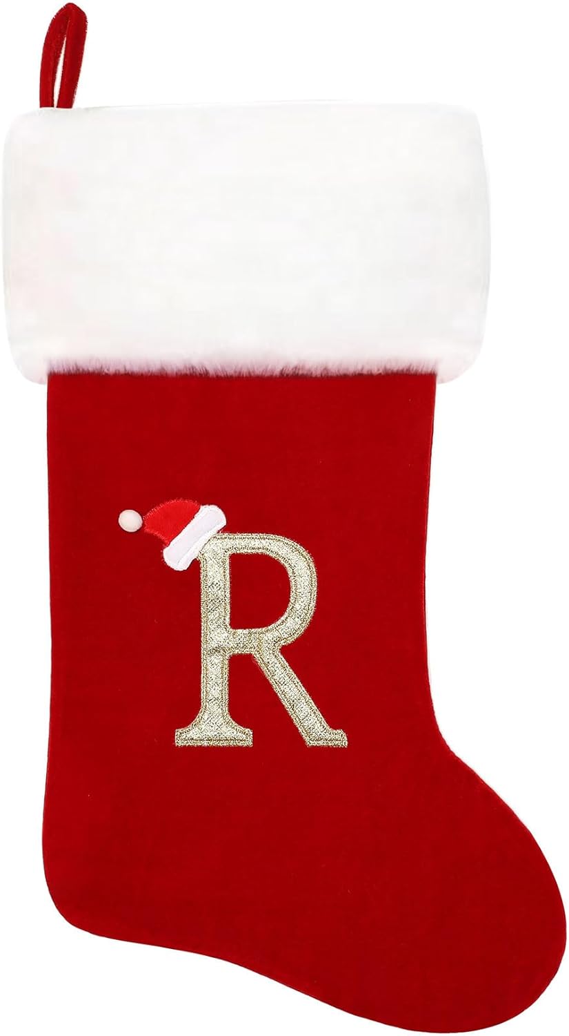 Stockings & Holders - Eoocan 20 Inches Monogram Christmas Stockings Red Velvet with White Super Soft Plush Cuff Embroidered Xmas Stockings Classic Personalized Stocking Decorations for Family Holiday Season Decor(Letter R)
