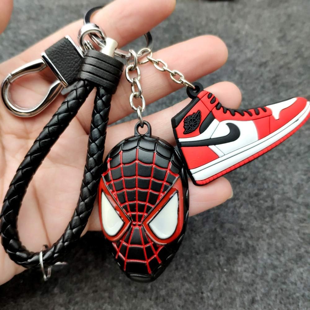 Amazon Com Spider Man Into The Spider Verse Miles Morales Spiderman Cosplay Zinc Alloy Keychain Knited Pu Car Keyring Keychains B Clothing