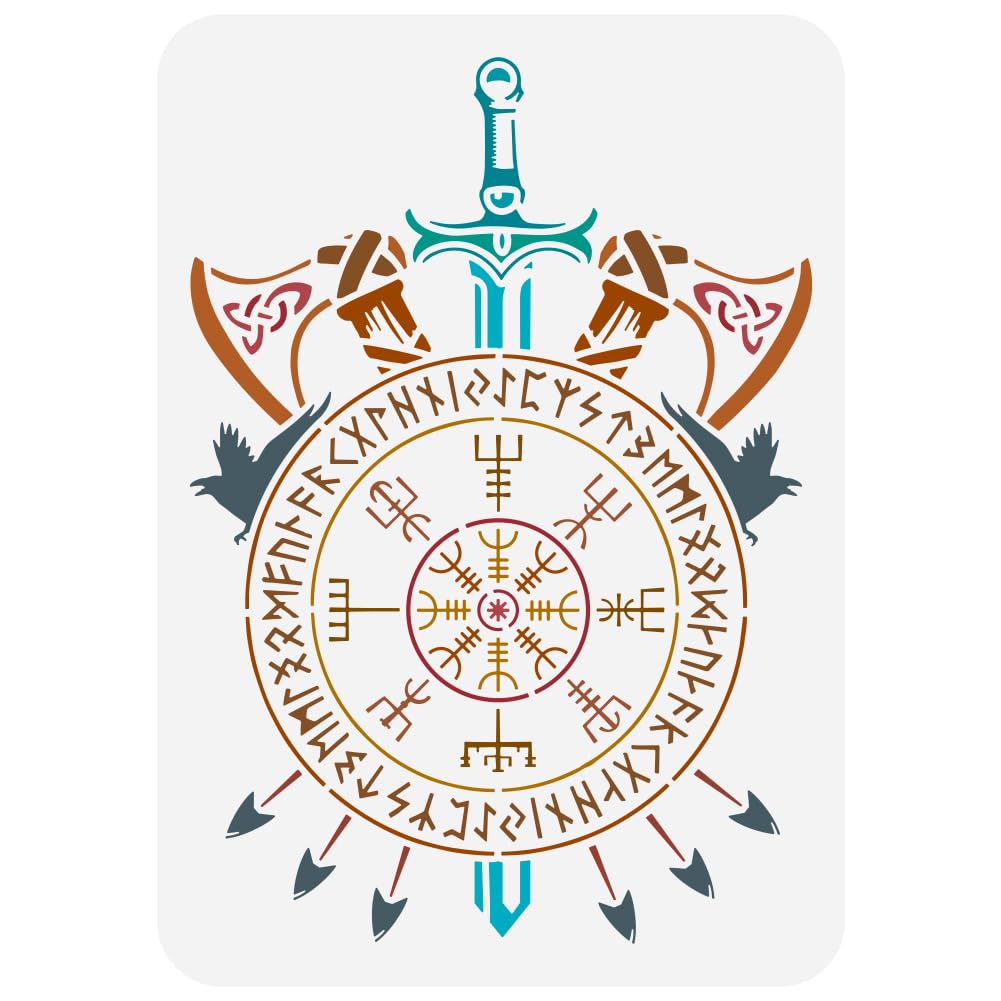 FINGERINSPIRE Viking Compass Painting Large Stencil 21x29.7cm PET Viking Vegvisir Coin Spraying Big Stencil Scandinavian Runes Drawing Template Viking Weapons Arrows Axes Swords Stencil for Home Decor