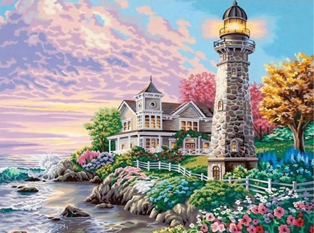 WOWDECOR 5D Diamond Painting Kits, Lighthouse Colorful Clouds Seaside Flowers Full Drill DIY Diamond Art Cross Stitch Paint by Numbers