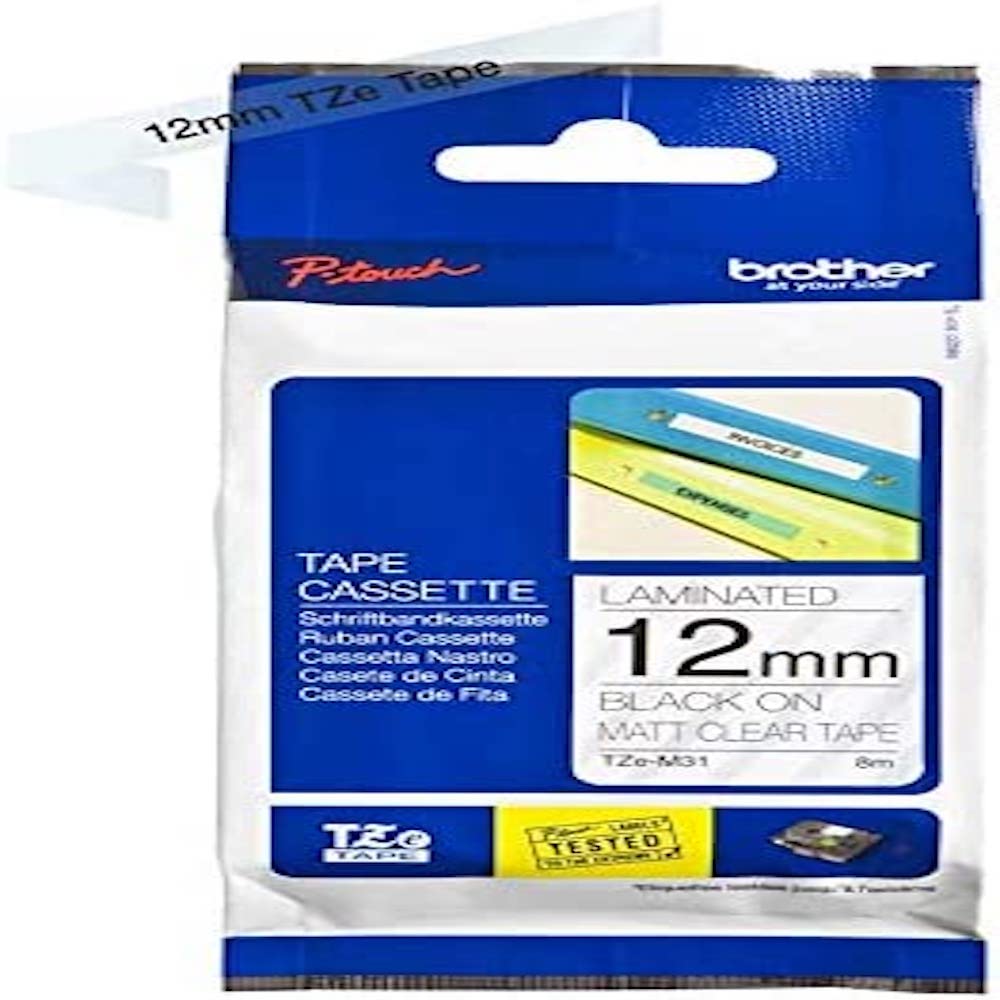 Brother TZe-M31 Labelling Tape Cassette, Laminated, Genuine Supplies, 12 mm (W) x 8 m (L) - Black on Matt Clear