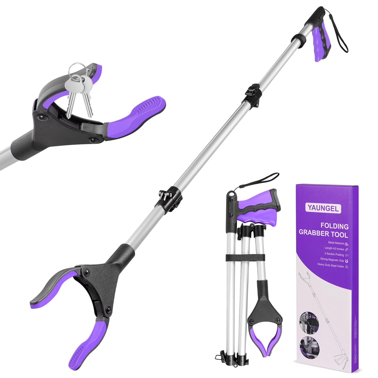 YAUNGEL 43'' Litter Pickers, Grabber Stick with Magnet, Grabber for Disabled, Extra Long Foldable Litter Pickers for Adults, 108CM Pick Up Stick Grabber with 360° Rotating Jaws Reaching Aids (Purple)