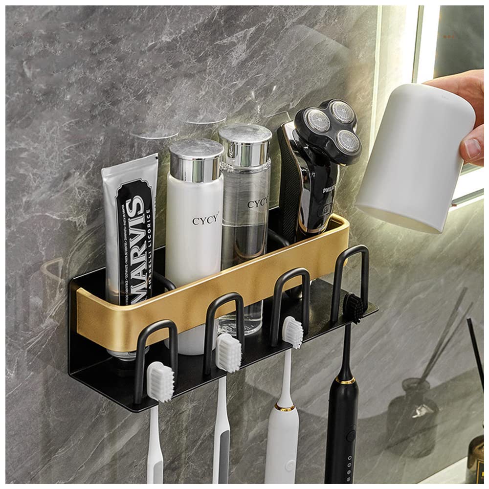 Toothbrush Holder Wall Mounted, No Drilling Electric Toothbrush Organiser Bathroom Toothpaste Storage Rack with 4 Brush Slots and Cups Holder (Black Gold)