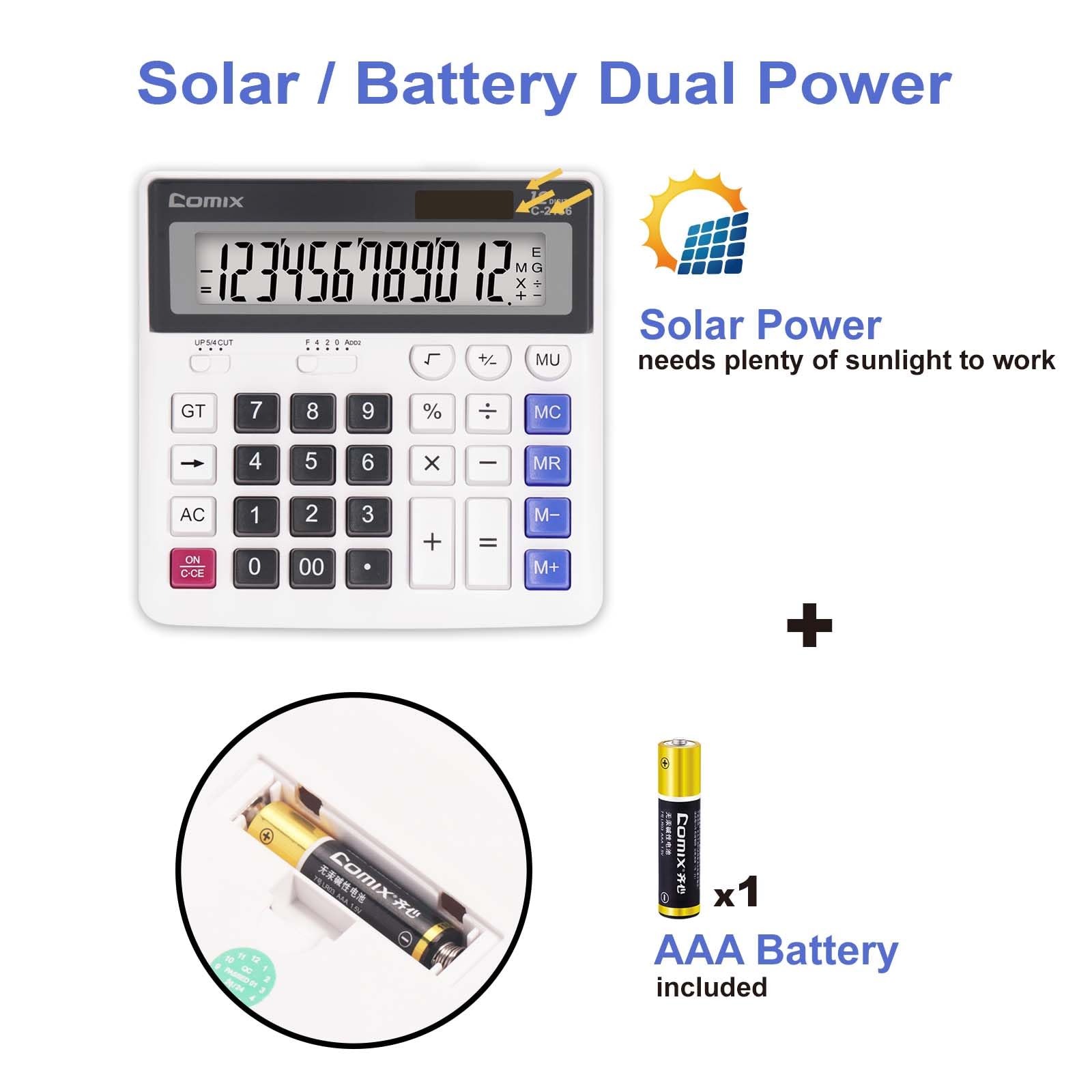Comix Desk Calculator, 12-Digit Large LCD Display and Big Computer Keys, Solar Battery Dual Power, Desktop Calculator for Home Office School C-2136