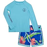 Volcom Baby Boys Swim Set - 2 Piece Long Sleeve Swim Shirt Graphic Tees & Board Shorts, Infant Toddler Little Boys Swimsuit
