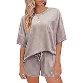Andeip Pajamas Womens Waffle Knit Lounge Set Short Sleeve Top and Shorts 2 Piece Loungewear Outfits Pj Sets with Pockets