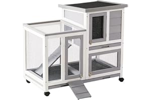 Graessa Rabbit Hutch, Indoor Rabbit Cage Two Story Bunny Hutch with Wheels Guinea Pig Cages with Removable No Leaking Tray, Ramp, Outdoor Pet House for Small Animals