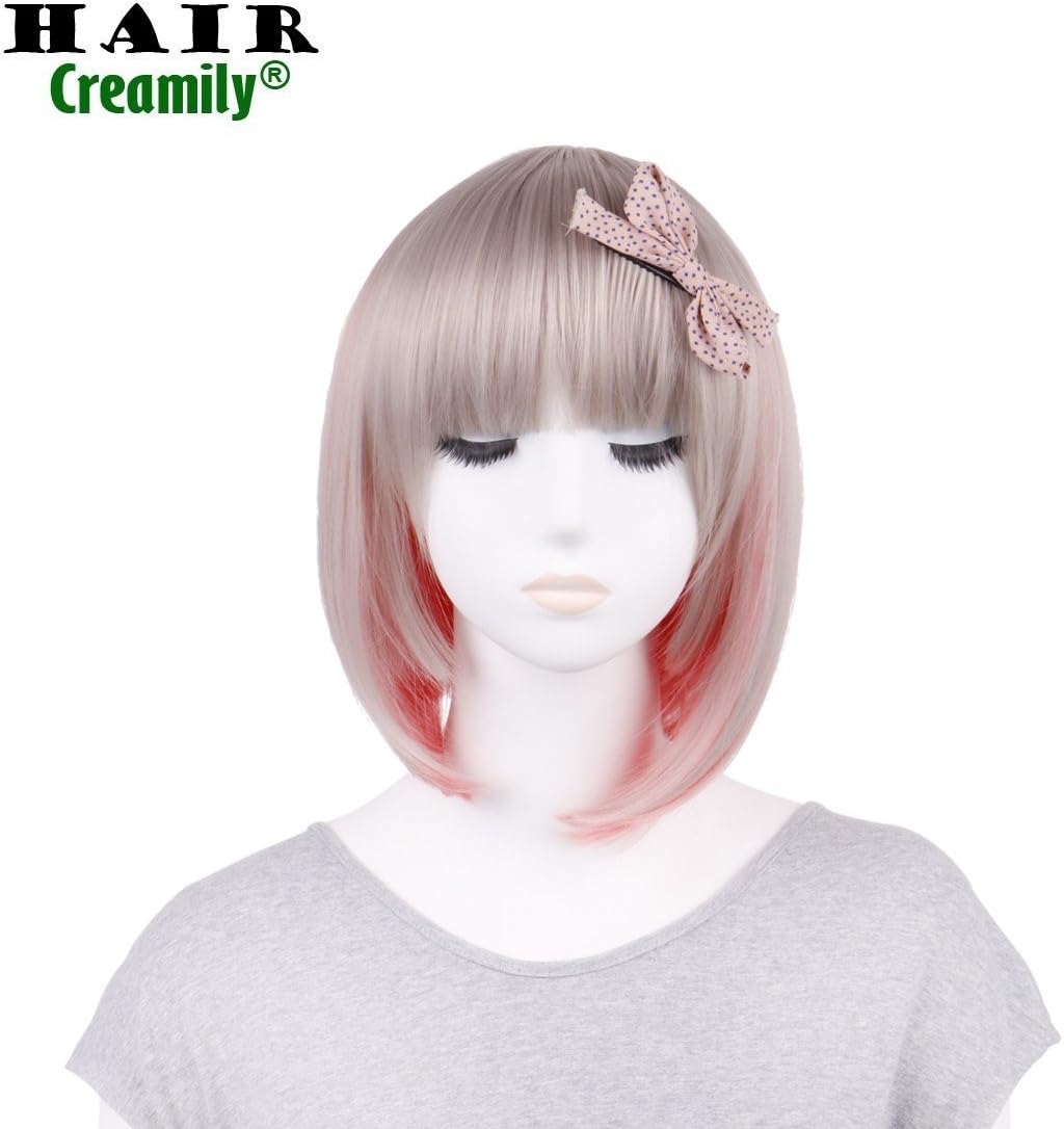 Short Straight Bob Wig with Bangs Halloween Cosplay Lolita Sweet Replacement Hair Costume Party Shoulder Length Synthetic Wig Grey with Pink