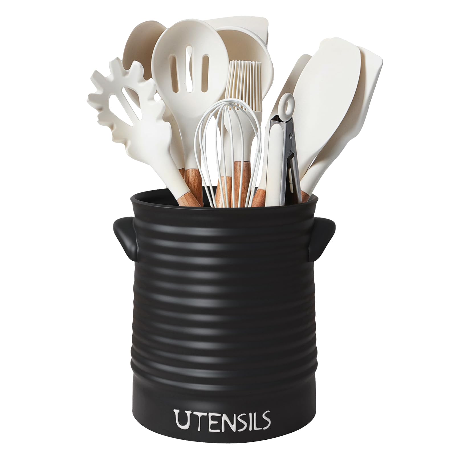 Karisky Kitchen Utensil Holder for Countertop, 6.4" Large Ceramic Utensil Crock with Cork Mat, Handles, Modern Cooking Tool Spatula Organizer for Kitchen Counter Decor, Matte Black