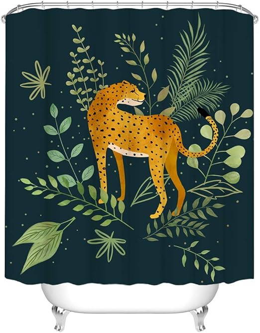 Jungle Animal Shower Curtain Fabric Leopard Jaguar with Green Leaves
