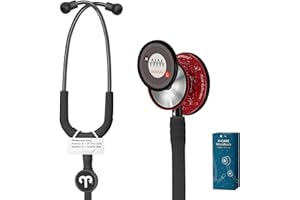 FriCARE Tunable Stethoscope - Dual Head Estetoscopio for Nurses, Doctors, Paramedics, Students - FSA/HSA Eligible Stethoscopes, Smooth Black Tube, Matte Splatter Red-White Finish Chestpiece