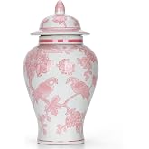 11&Prime; Pink Ginger Jar with Lid Porcelain Stylized Songbirds Floral Temple Jar | Chinoiserie Decor, Statement Home Accent, Mantel &amp; Tabletop Display, Grandmillennial Home Decor, Holiday Decor, Gift Ready