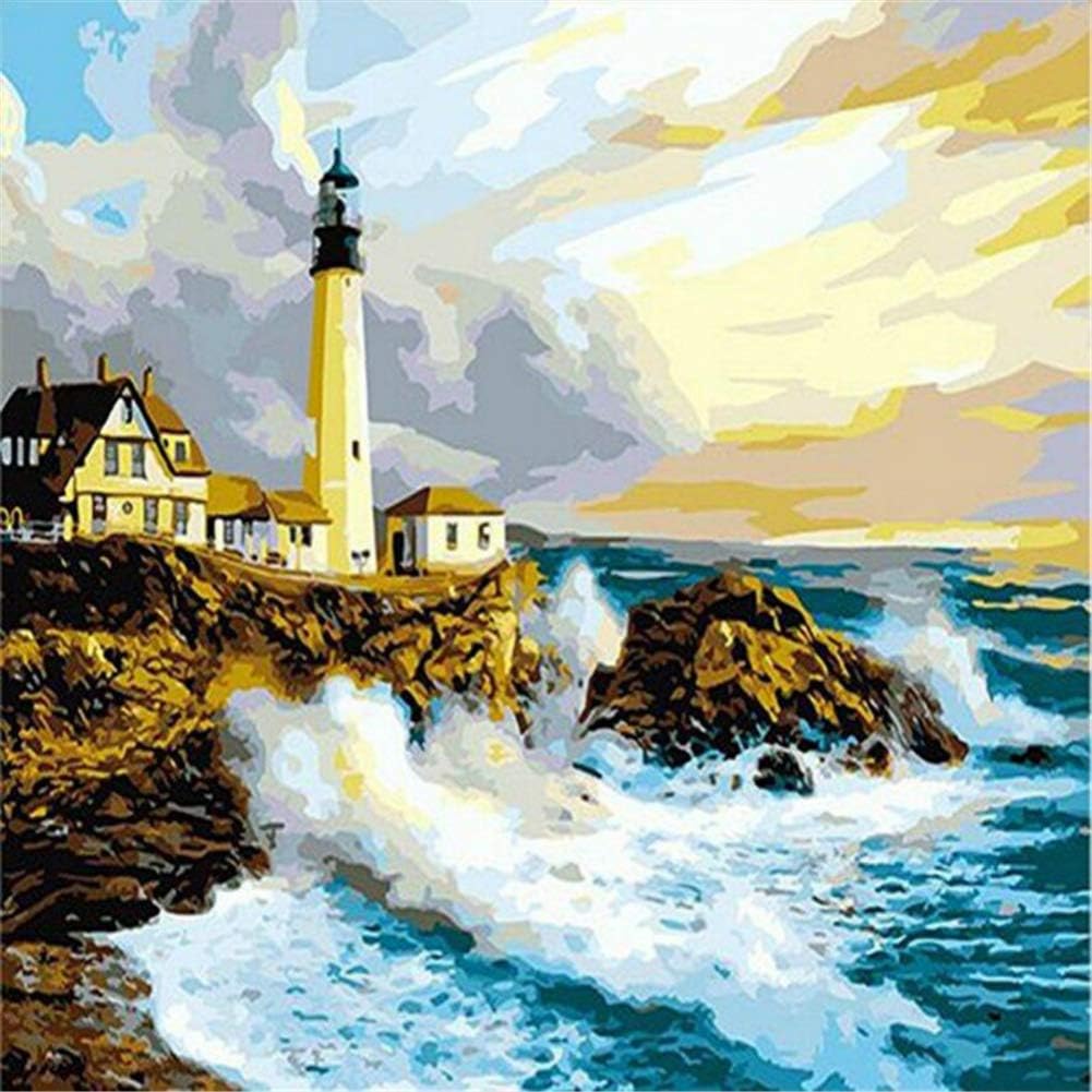 KANGDISON Painting by Number Lighthouse Seaside Big Wave, DIY Paint by Number Kits for Adults Beginners Kids Teens Drawing with Brushes Canvas Acrylic 16 x 20inch / 40 x 50cm