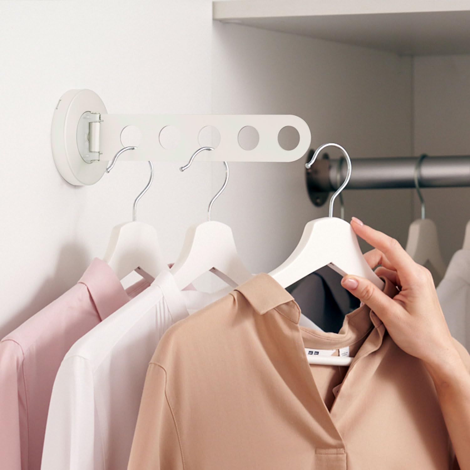 Greatim Folding Clothes Hanger Rack Wall Mounted, Space Saving Closet Organizer, Clothing Hanging Drying Rack Wall Mount (White)