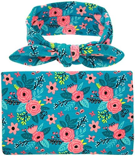 Jelemoon Newborn Bow Headband and Floral Swaddle Blanket Set Sleep Baby Receiving Blankets Swaddle Wrap