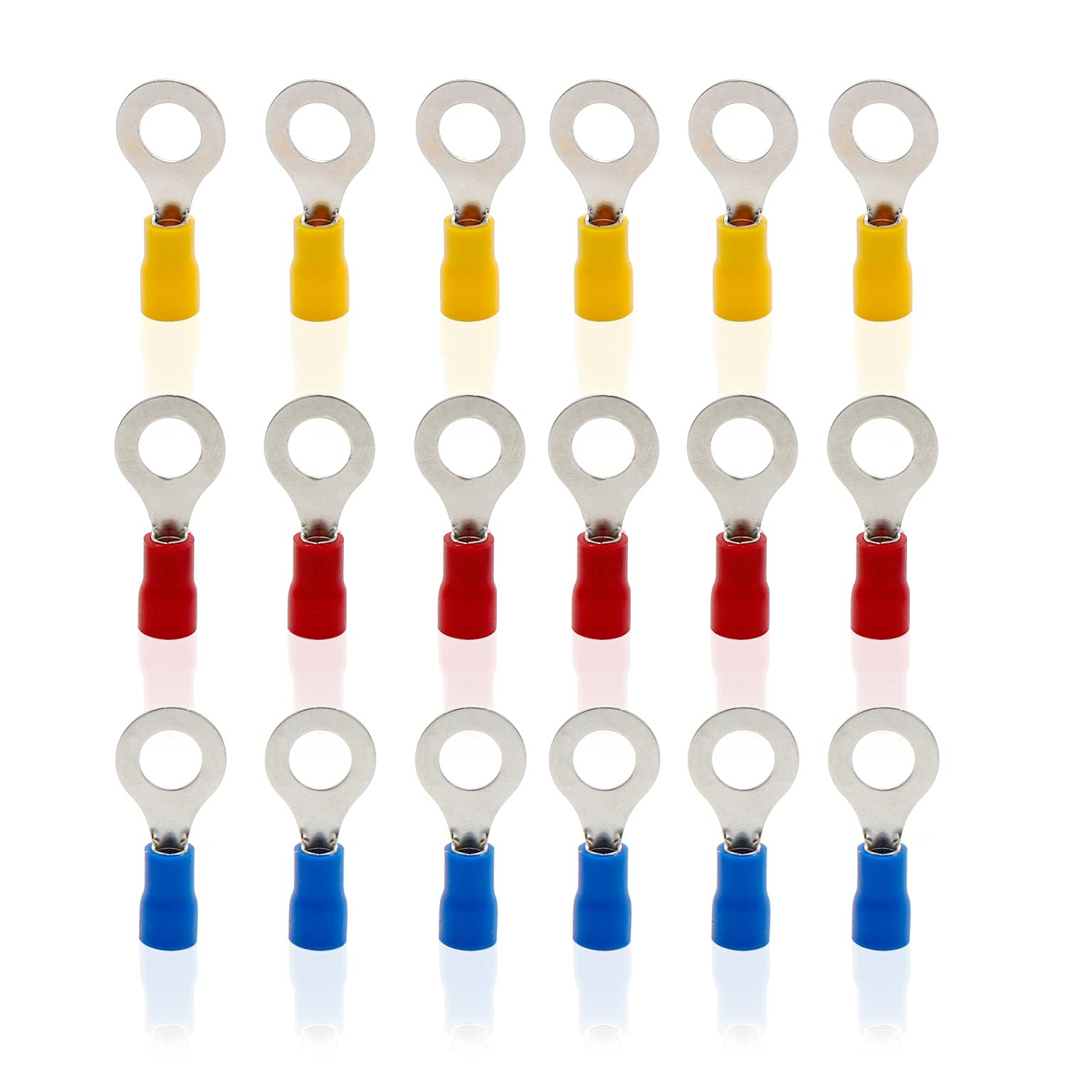 KINHARD Crimp Connectors, 105 Pcs Ring Terminals Kit, Insulated Copper, for Electrical and Electronic Maintenance, Automobiles, Ships (Red, Yellow, Blue)